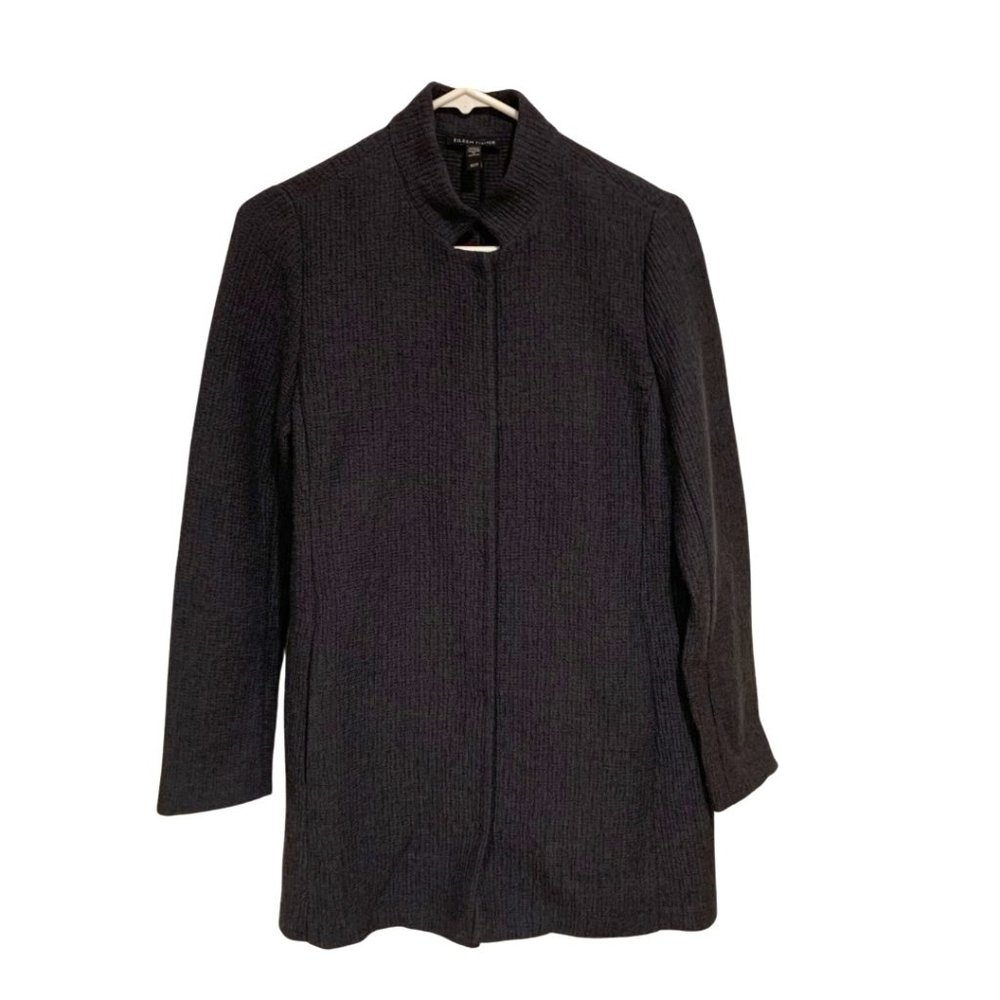 Eileen Fisher Black Stretch Grid Jacket Size XS Lightweight Tencel Cotton Tunic